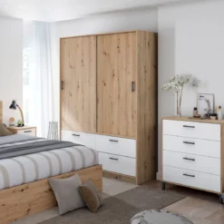 Armoire avec étagères et tiroirs blanc et chêne