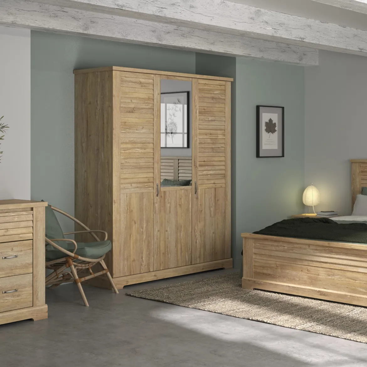 Armoire en bois clair 3 portes avec miroir - AR5070