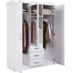 Armoire 3 portes 3 tiroirs en bois massif avec miroir - AR12045
