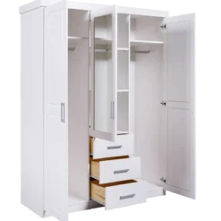 Armoire 3 portes 3 tiroirs en bois massif avec miroir - AR12045