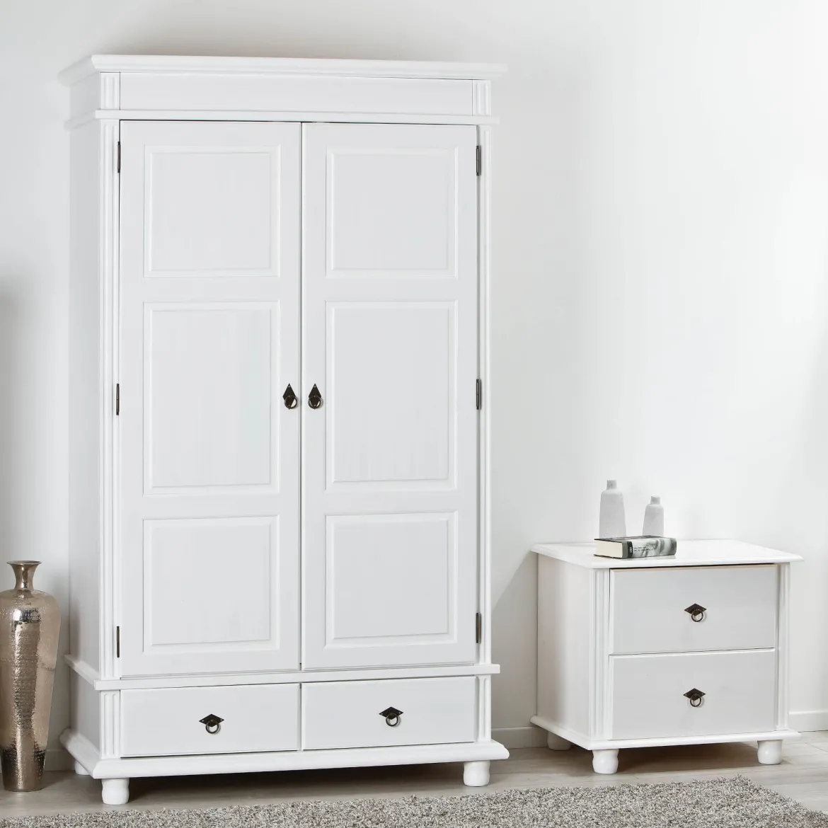 Armoire 2 portes 2 tiroirs en bois massif blanc - AR12049