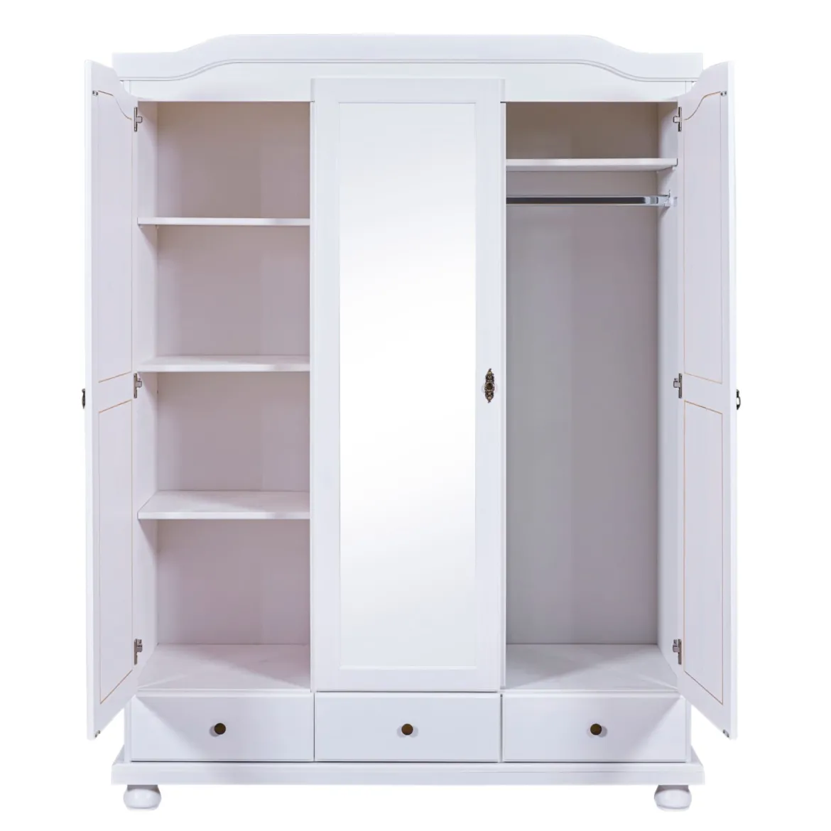 Armoire 3 portes 3 tiroirs en bois massif blanc - AR12048