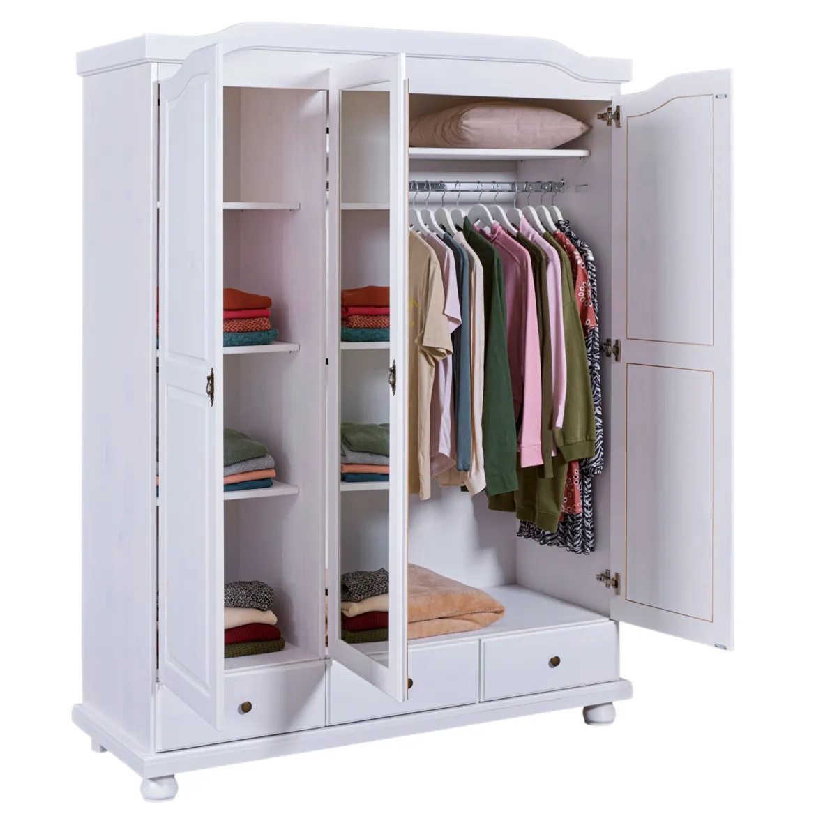 Armoire 3 portes 3 tiroirs en bois massif blanc - AR12048