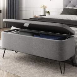 Banc de lit en tissu avec coffre de rangement et pieds épingles noirs - BA17025