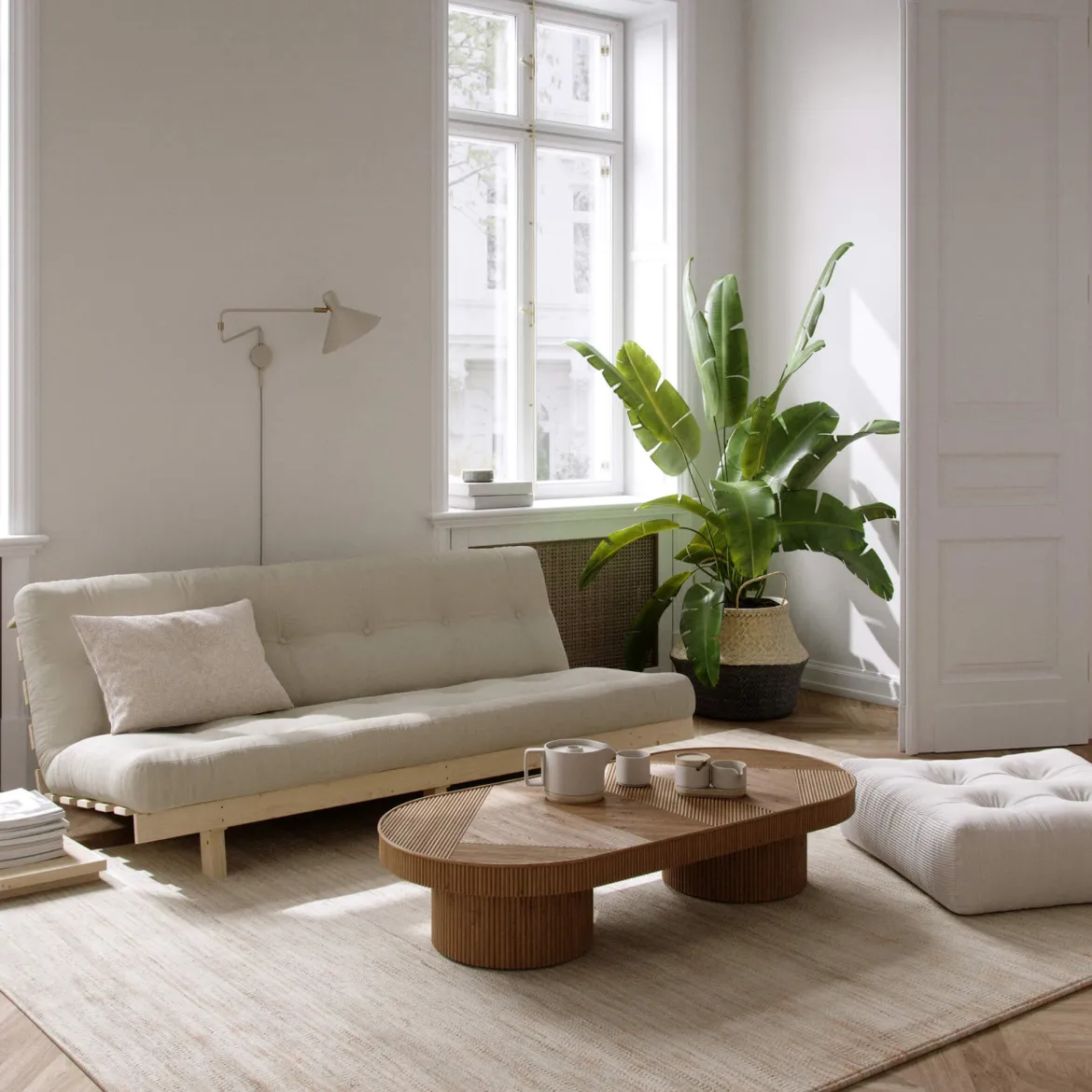 Banquette ajustable LEAN en pin massif naturel avec matelas futon 130x190