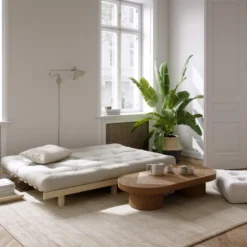 Banquette ajustable LEAN en pin massif naturel avec matelas futon 130x190