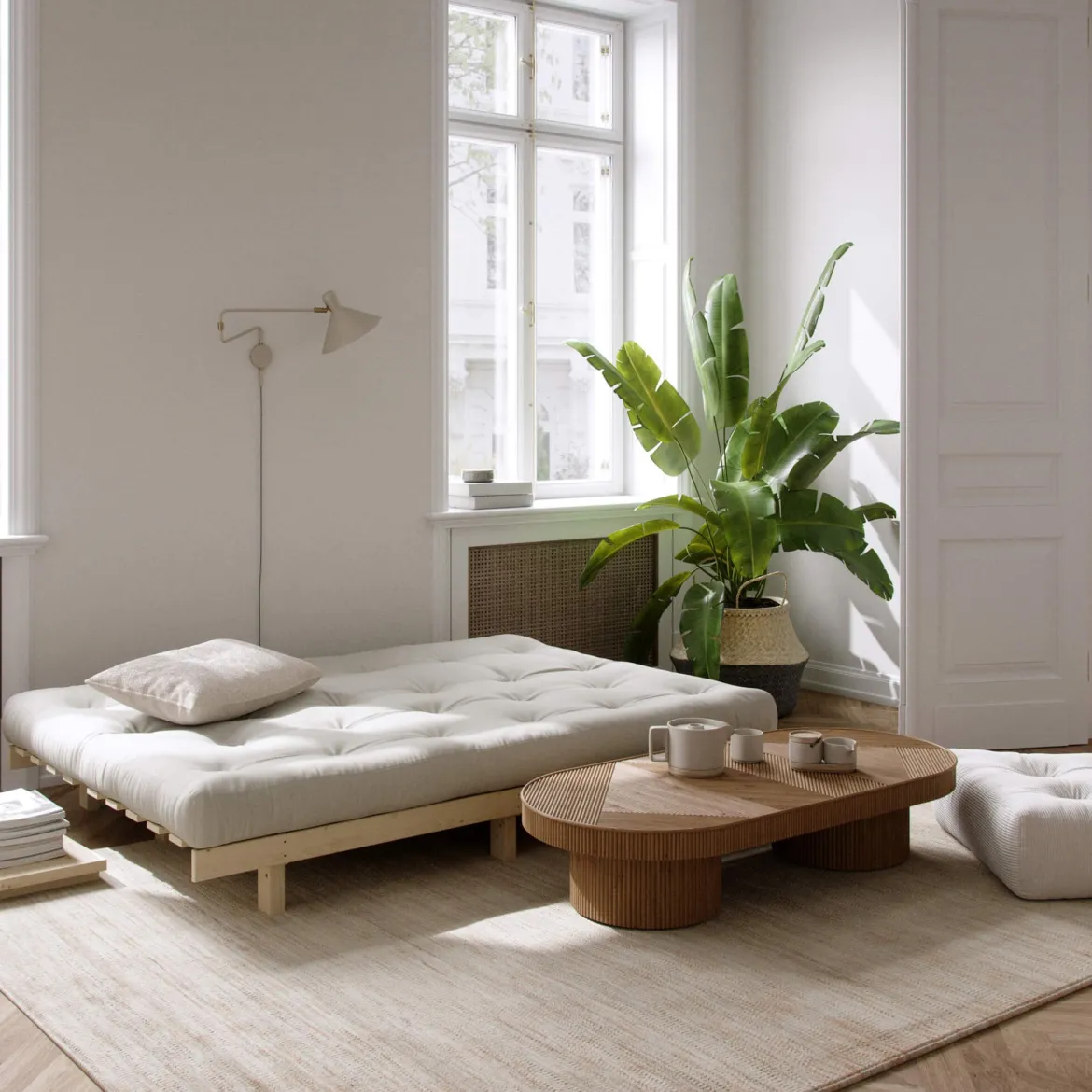 Banquette ajustable LEAN en pin massif naturel avec matelas futon 130x190