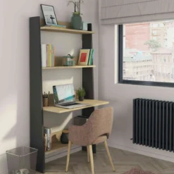 Bibliothèque 3 étagères avec bureau intégré en bois imitation chêne et gris - BU9050