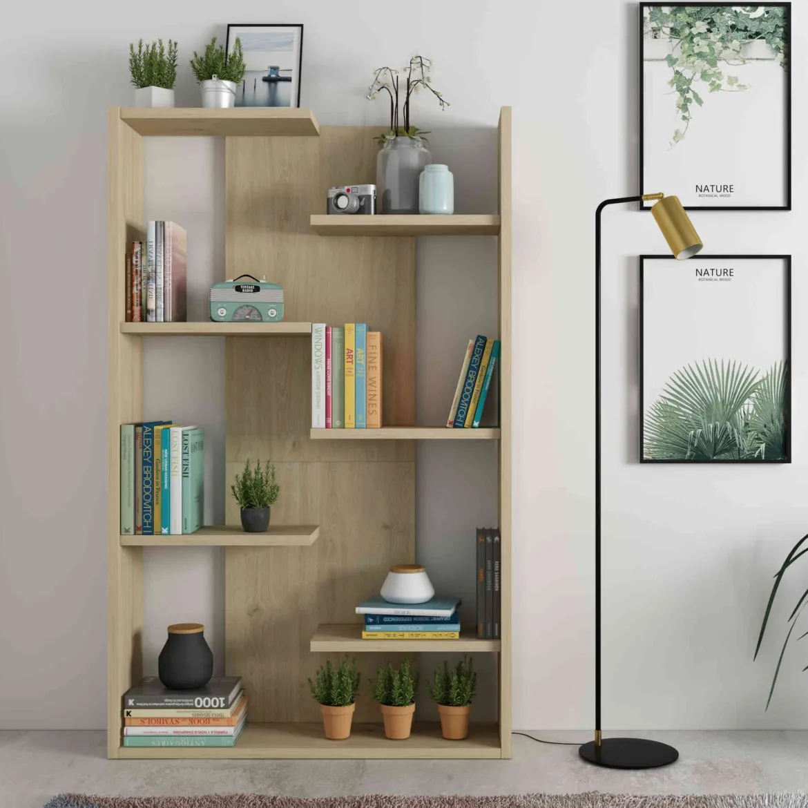 Bibliothèque 7 étagères en quinconce en bois imitation chêne clair - BI9045