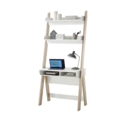 Bureau avec 2 étagères et 2 niches en MDF chêne clair et blanc - BU16022