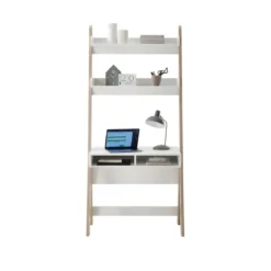 Bureau avec 2 étagères et 2 niches en MDF chêne clair et blanc - BU16022