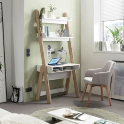 Bureau avec 2 étagères et 2 niches en MDF chêne clair et blanc - BU16022