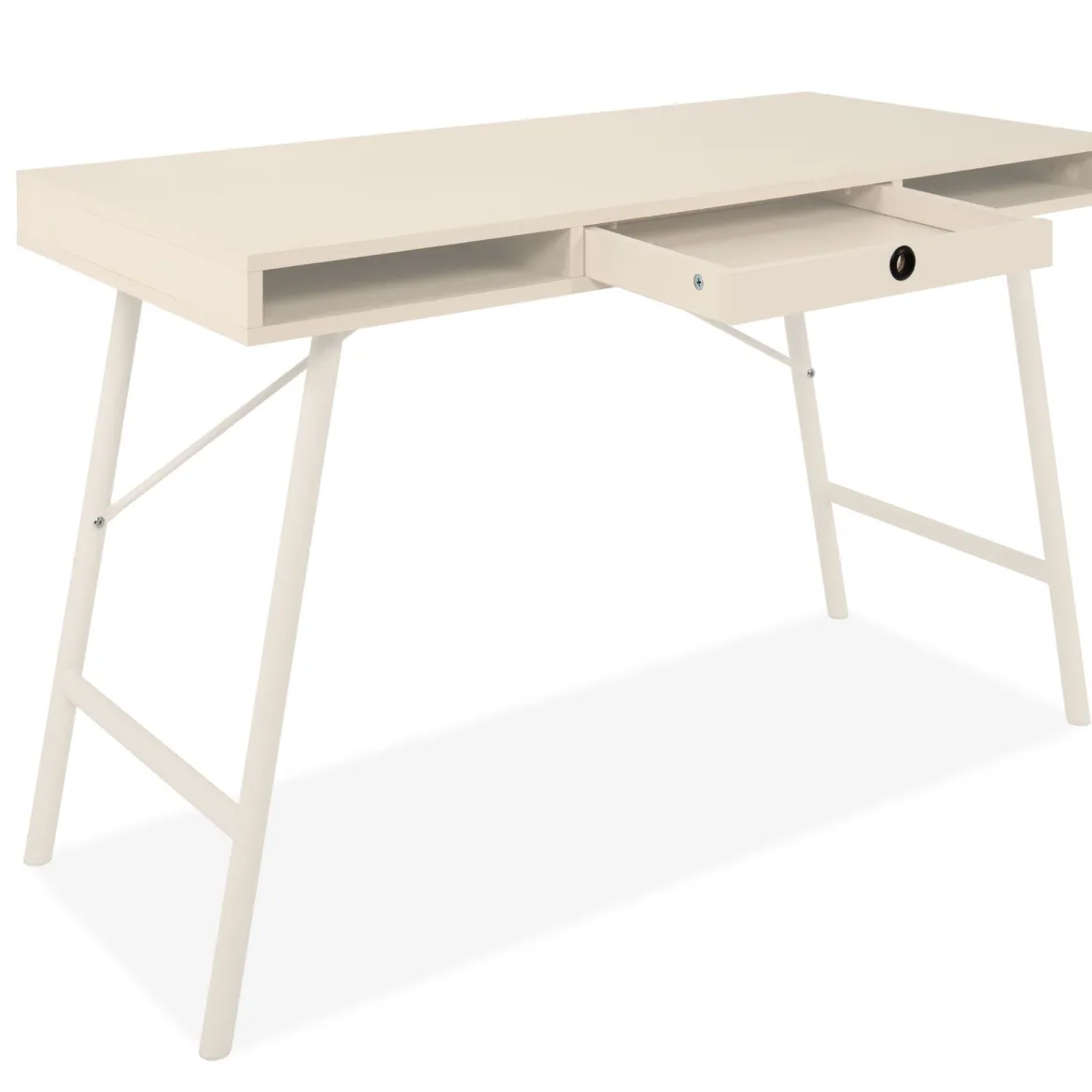 Bureau bois et métal beige avec tiroir et niches