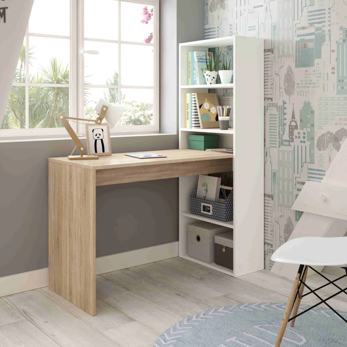 Bureau en bois réversible avec étagères