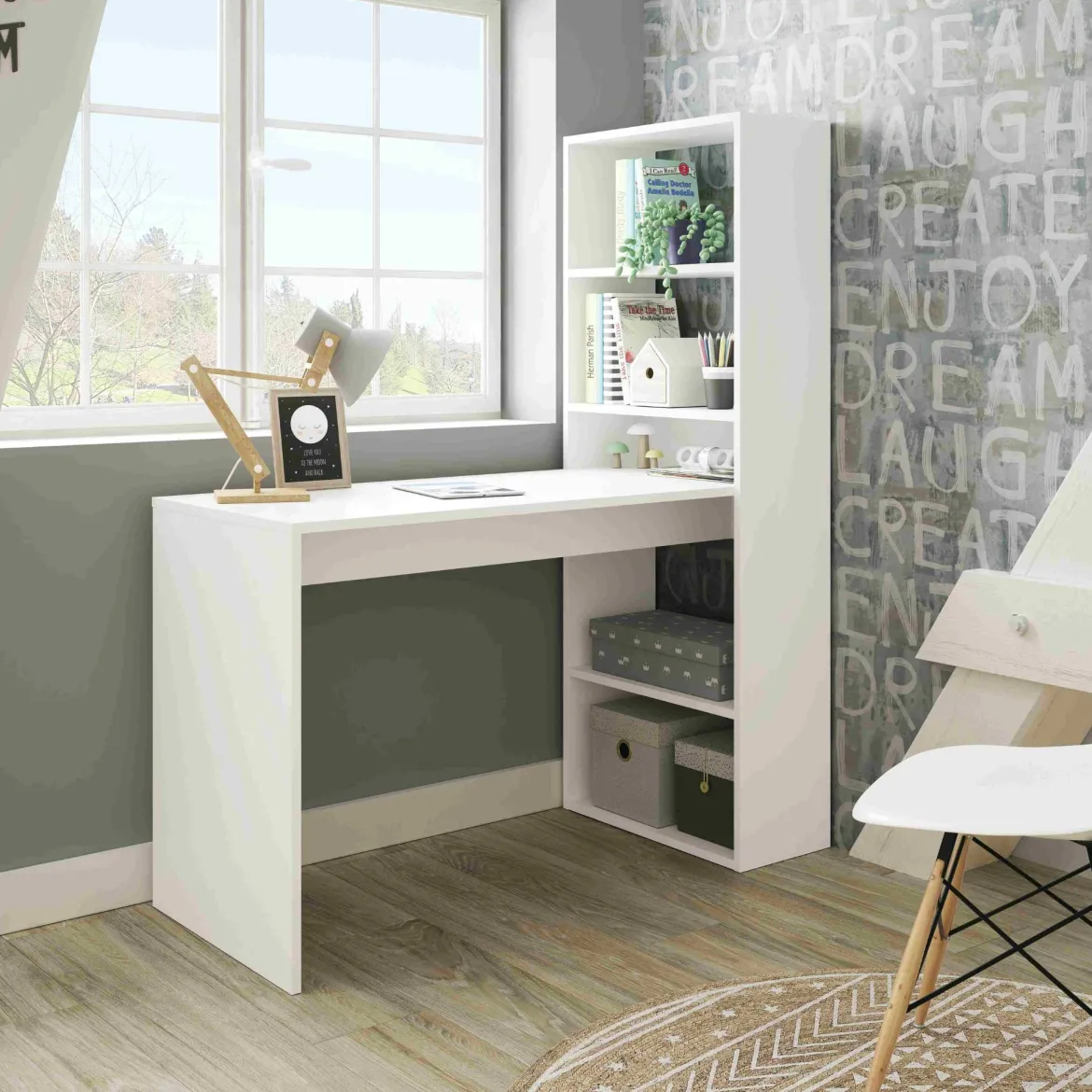 Bureau en bois réversible avec étagères