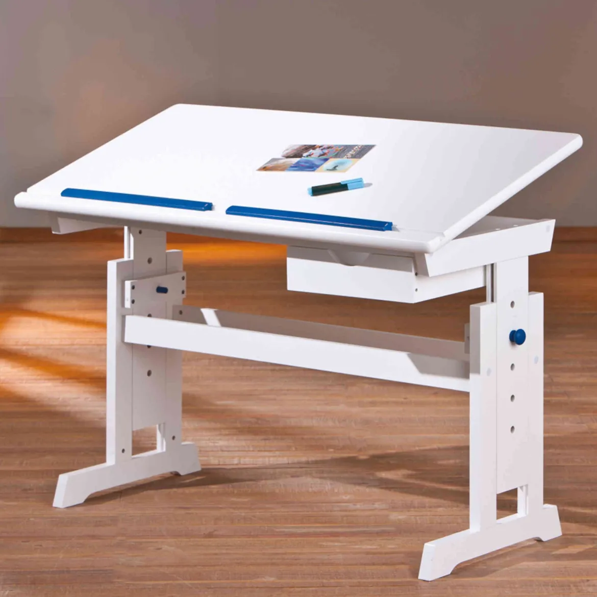 Bureau enfant évolutif à plan inclinable + tiroir en bois blanc - BU12065