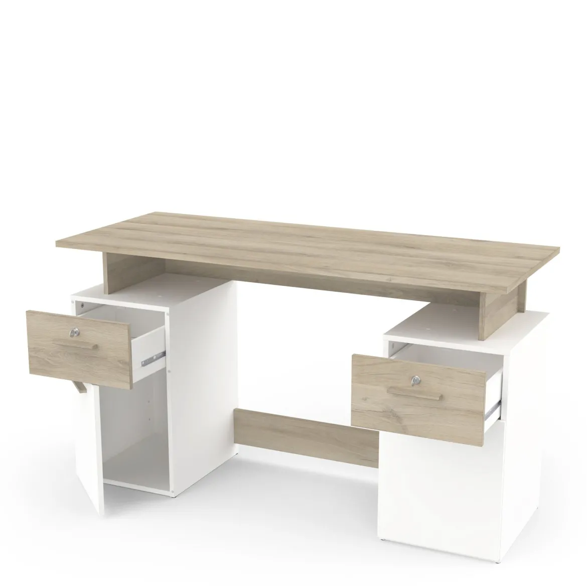 Bureau 2 portes et 2 tiroirs coloris chêne clair et blanc - BU223