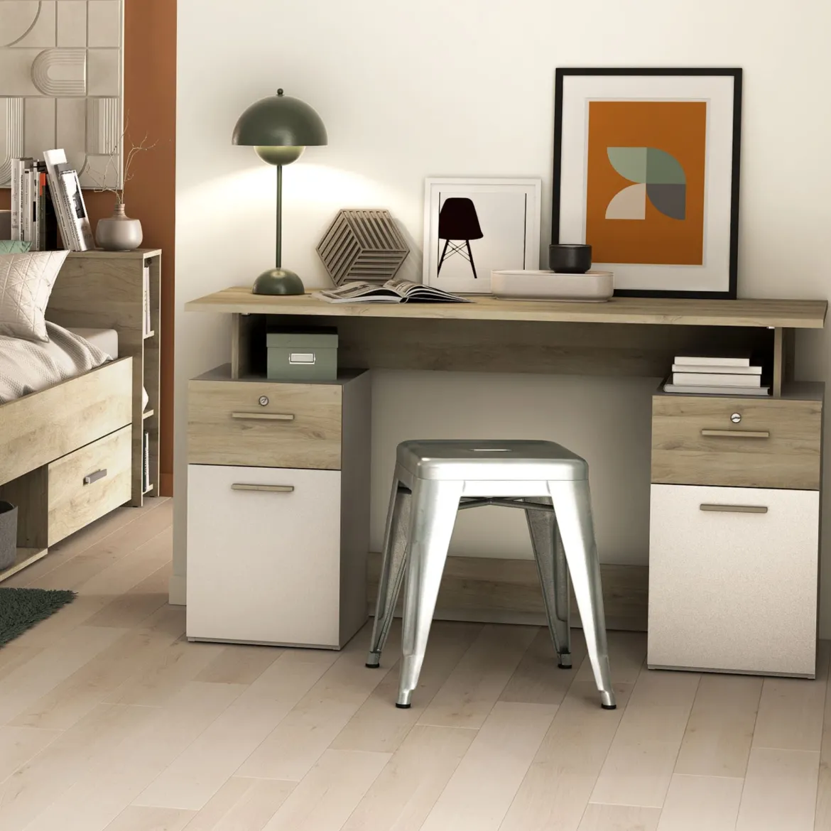 Bureau 2 portes et 2 tiroirs coloris chêne clair et blanc - BU223