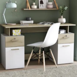 Bureau 2 portes et 2 tiroirs coloris chêne clair et blanc - BU223