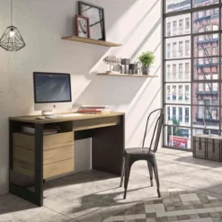 Bureau 1 porte 1 tiroir en bois imitation chêne naturel et noir - BU5057