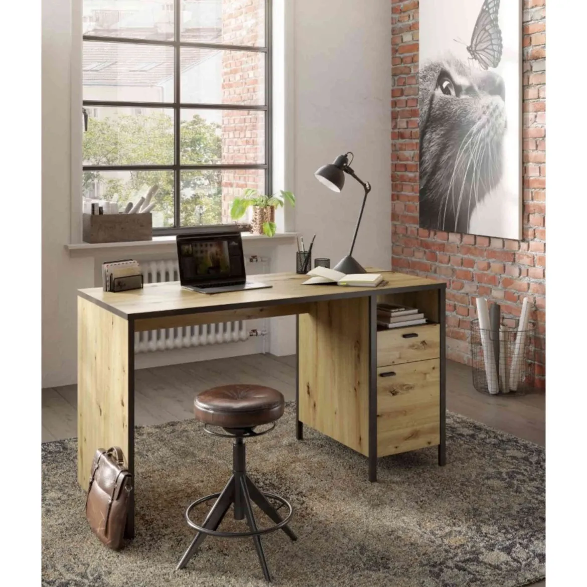 Bureau 1 tiroir 1 porte en bois imitation chêne clair - BU13001