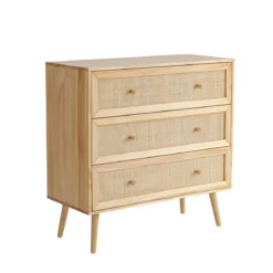 Chambre complète lit cannage avec commode et 2 chevets bois naturel ANNA