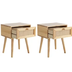 Chambre complète lit cannage avec commode et 2 chevets bois naturel ANNA