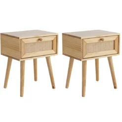 Chambre complète lit cannage avec commode et 2 chevets bois naturel ANNA