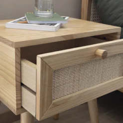 Chambre complète lit cannage avec commode et 2 chevets bois naturel ANNA