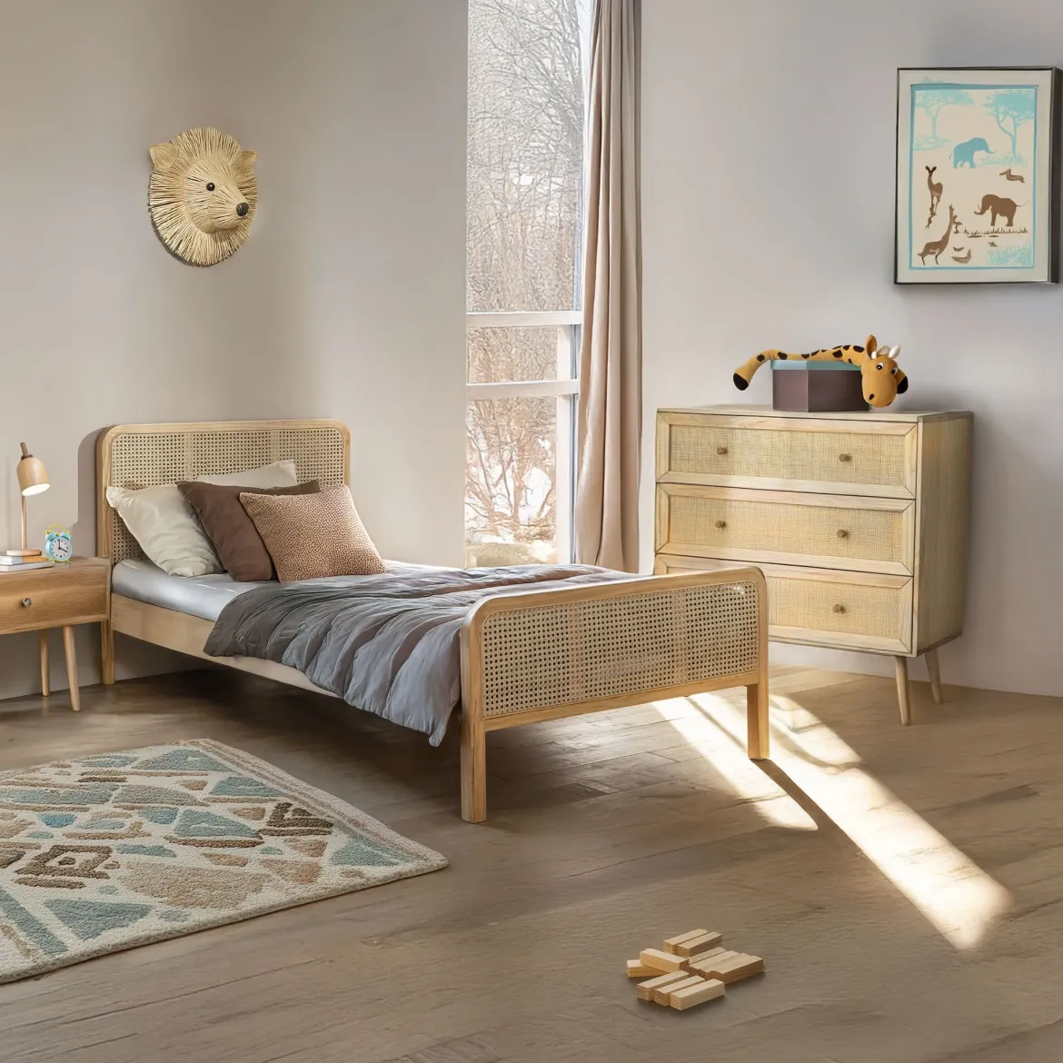 Chambre lit cannage enfant avec commode bois naturel ANNA
