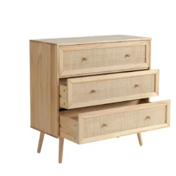 Chambre lit cannage enfant avec commode bois naturel ANNA