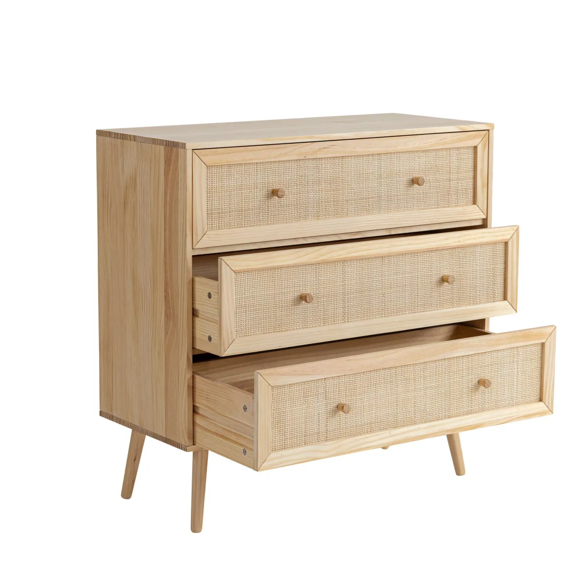 Chambre lit cannage enfant avec commode bois naturel ANNA