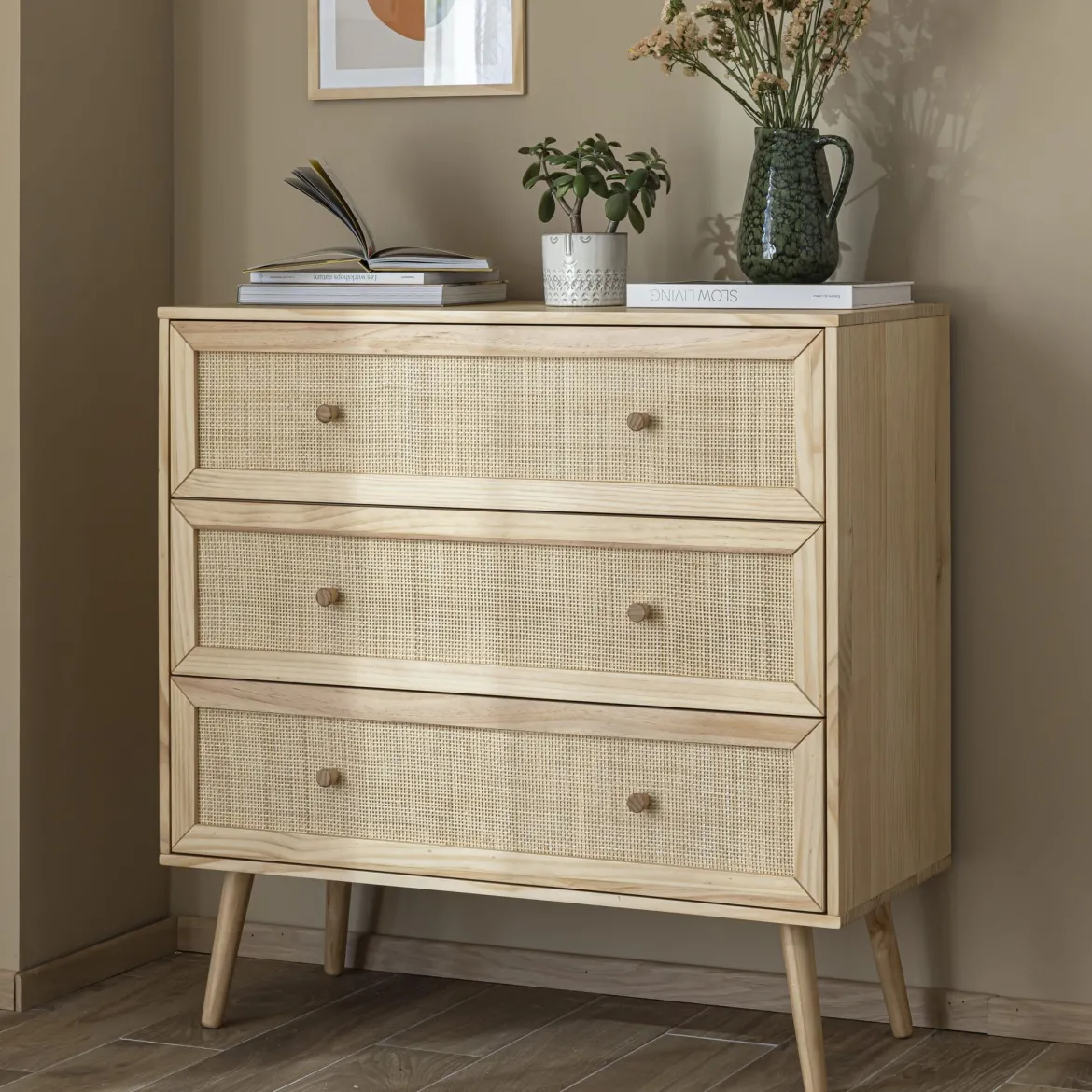 Chambre lit cannage enfant avec commode bois naturel ANNA