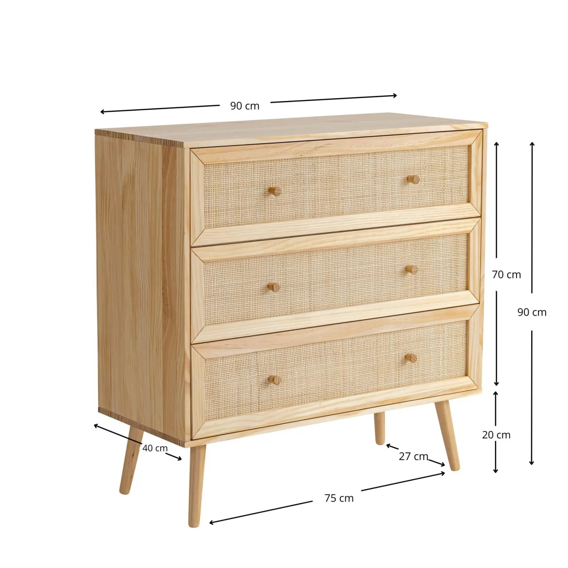 Chambre lit cannage enfant avec commode bois naturel ANNA