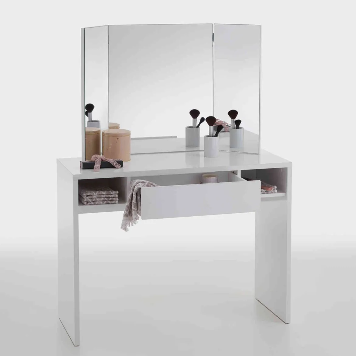 Coiffeuse avec miroir et rangements en bois blanc - CF13022