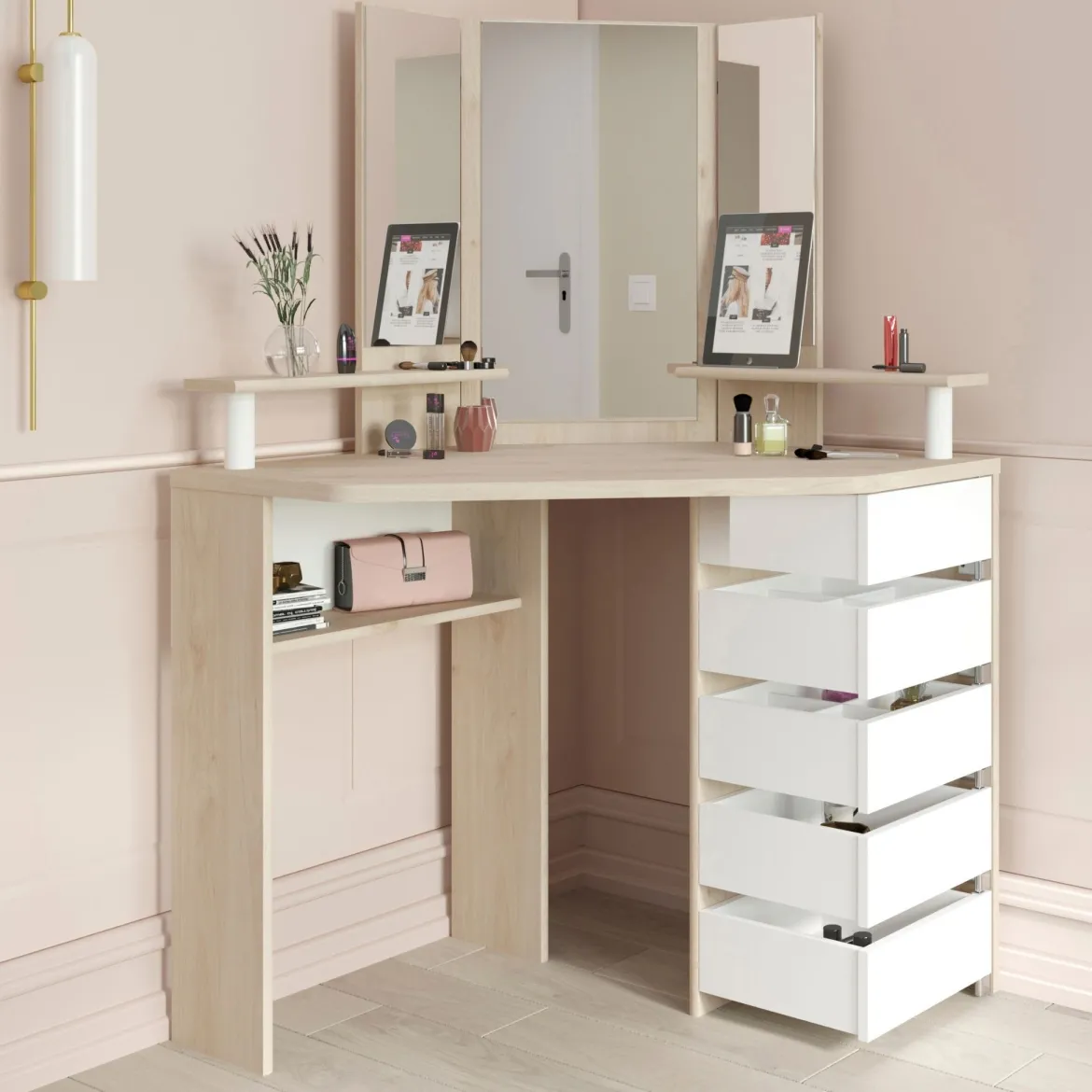 Coiffeuse d'angle avec miroirs et rangements