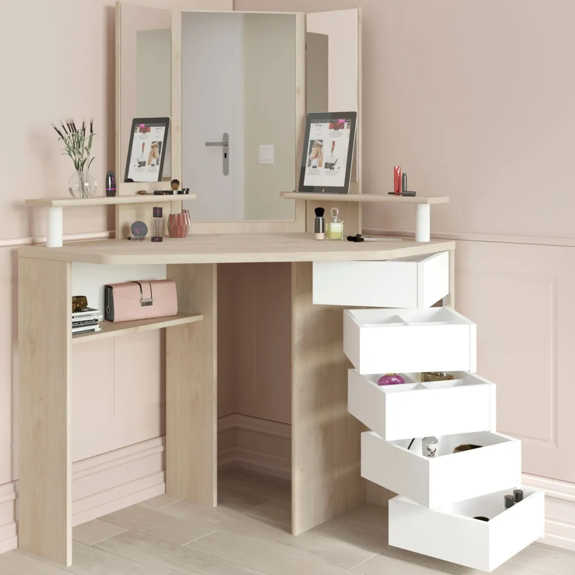 Coiffeuse d'angle avec miroirs et rangements