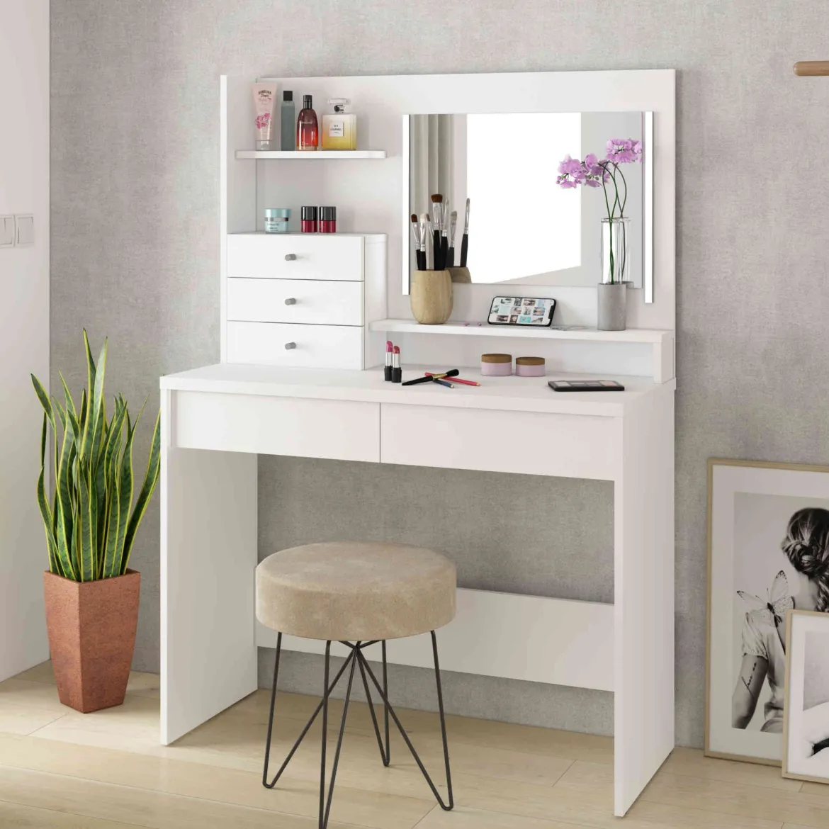 Coiffeuse 3 tiroirs avec miroir en bois blanc - CF9030