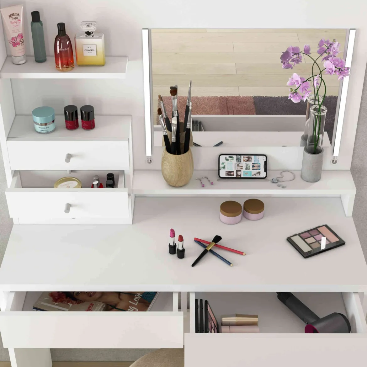 Coiffeuse 3 tiroirs avec miroir en bois blanc - CF9030