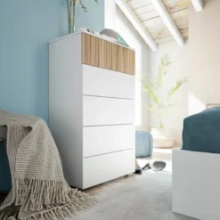 Commode avec 5 tiroirs - Blanc et bois naturel - CO81006