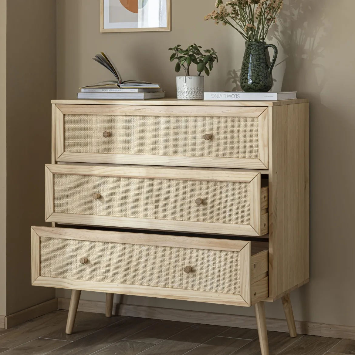 Commode cannage avec 3 tiroirs ANNA