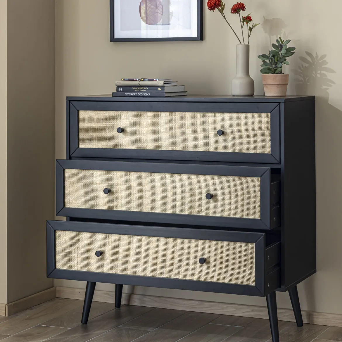 Commode cannage avec 3 tiroirs ANNA