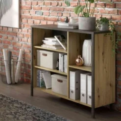 Commode 5 cases en bois imitation chêne clair - CO13001