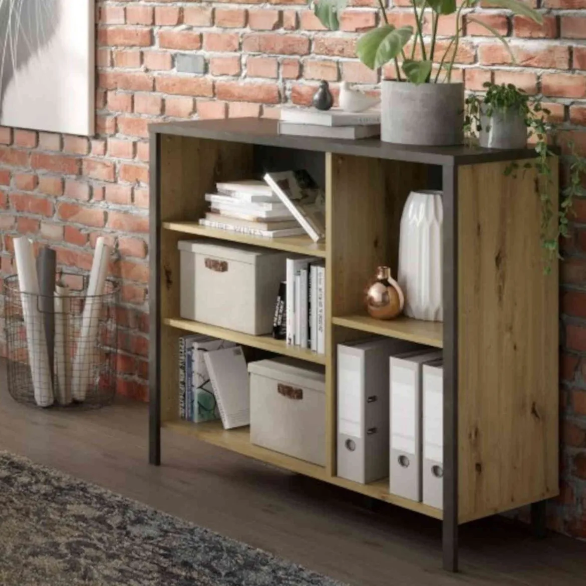 Commode 5 cases en bois imitation chêne clair - CO13001