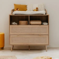 Commode à langer bébé 2 tiroirs en bois effet cannage - CO7085