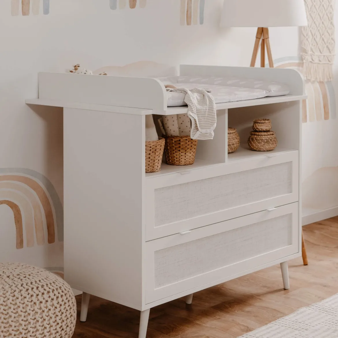 Commode à langer bébé 2 tiroirs en bois effet cannage - CO7085