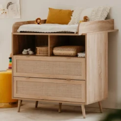 Commode à langer bébé 2 tiroirs en bois effet cannage - CO7085