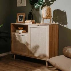 Commode 1 niche 2 portes en imprimé cannage - CO7073-1