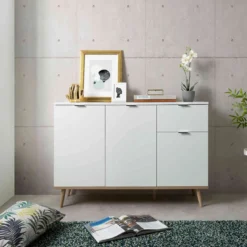 Commode 3 portes 1 tiroir blanc et imitation chêne - CO7080