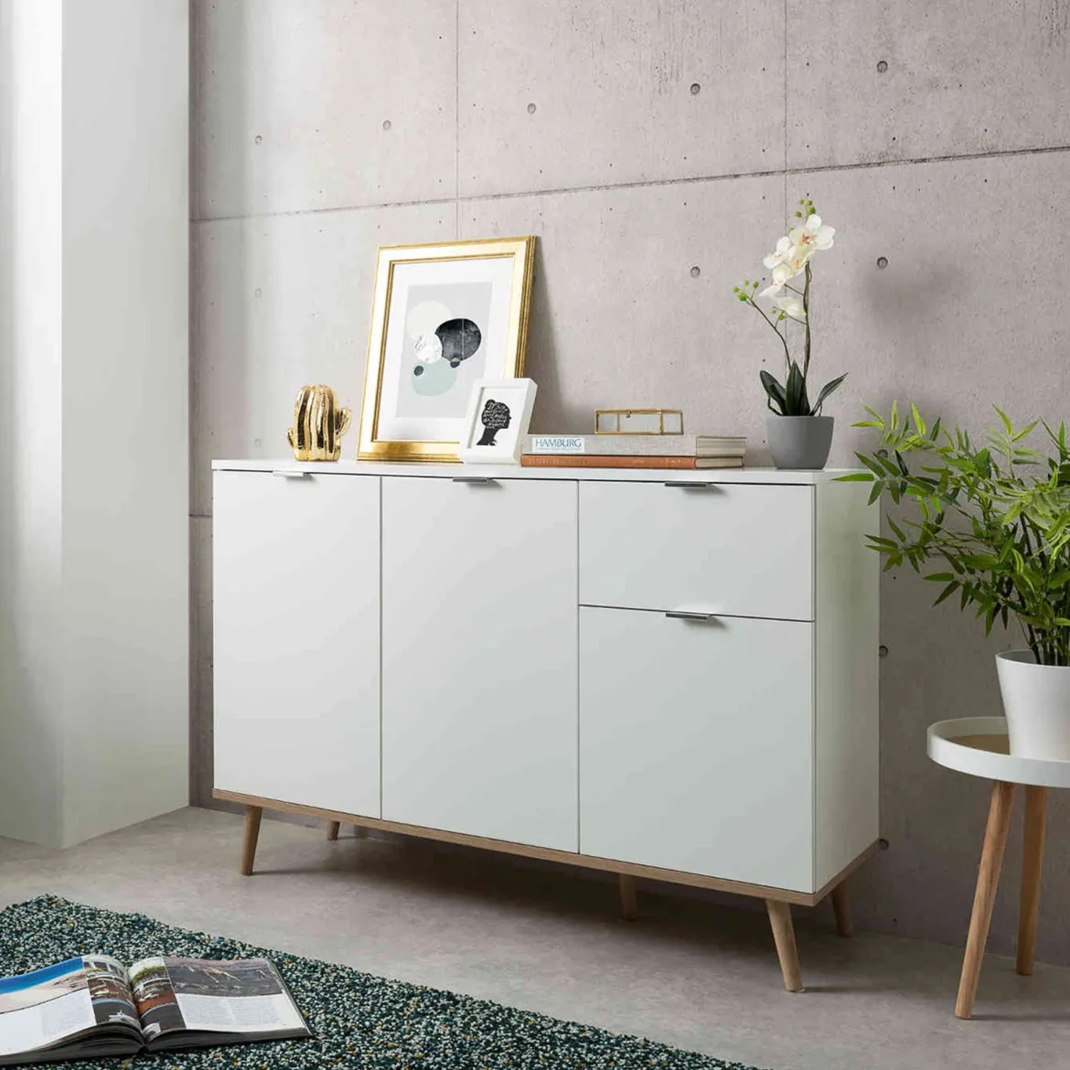 Commode 3 portes 1 tiroir blanc et imitation chêne - CO7080